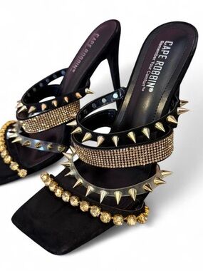 Cape Robbin Black Heeled Mules with Gold Spike and Rhinestone Straps